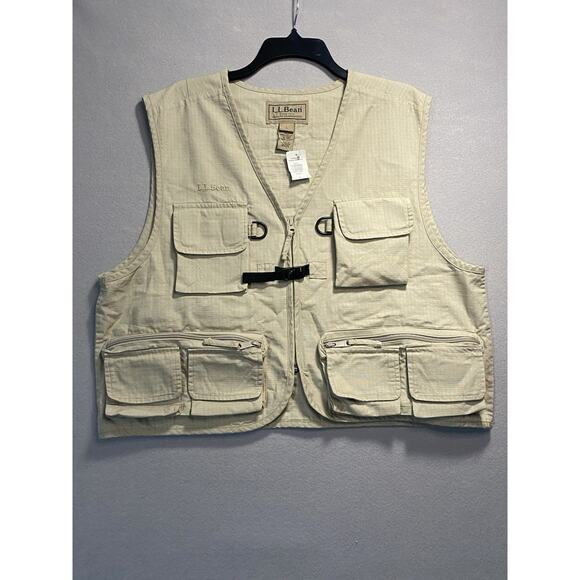 Vintage LL Bean Mens Fly Fishing Vest Size Large Beige Full Zip Front Pockets - Picture 1 of 10